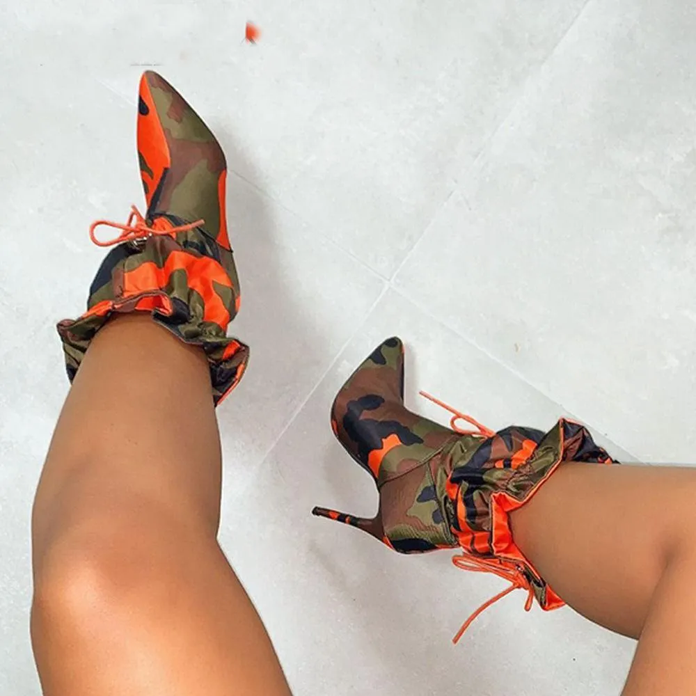 Camouflage Lace Up High Heel Calf Boots