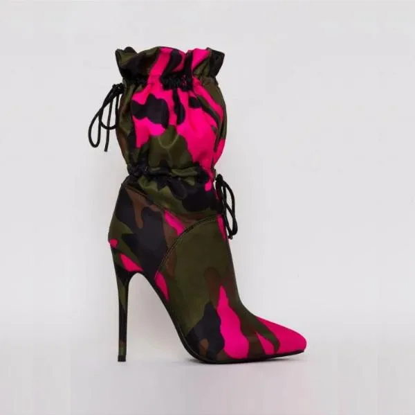 Camouflage Lace Up High Heel Calf Boots