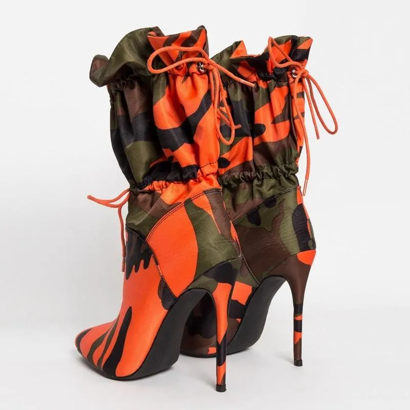 Camouflage Lace Up High Heel Calf Boots