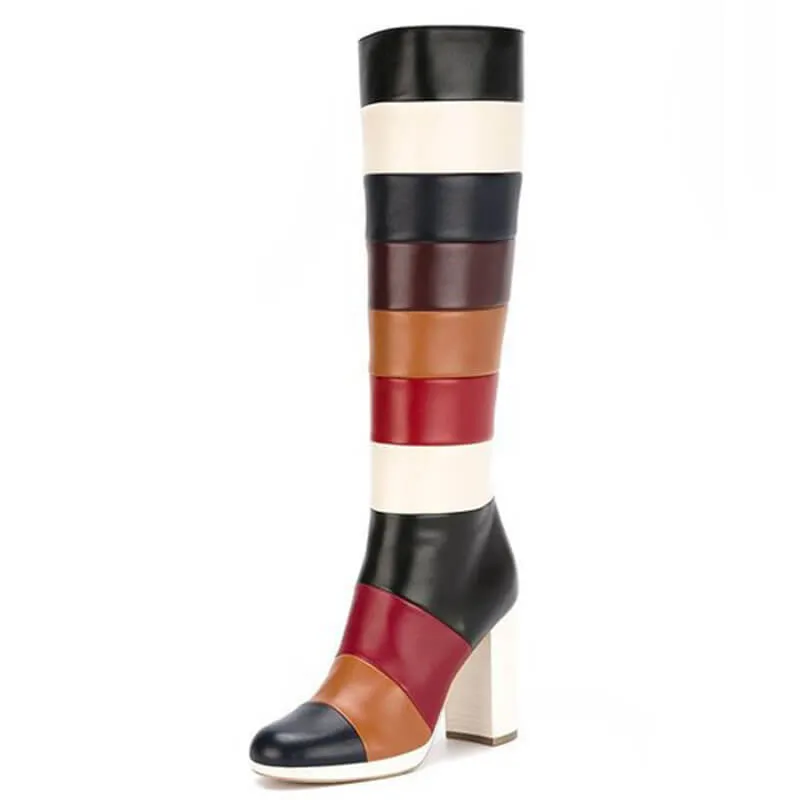 Fashion Color Block Chunky Heel Knee High Boots