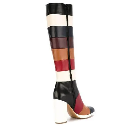 Fashion Color Block Chunky Heel Knee High Boots