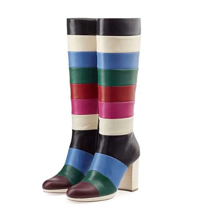 Fashion Color Block Chunky Heel Knee High Boots