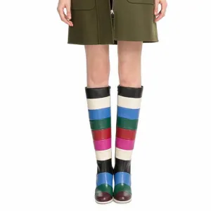 Fashion Color Block Chunky Heel Knee High Boots