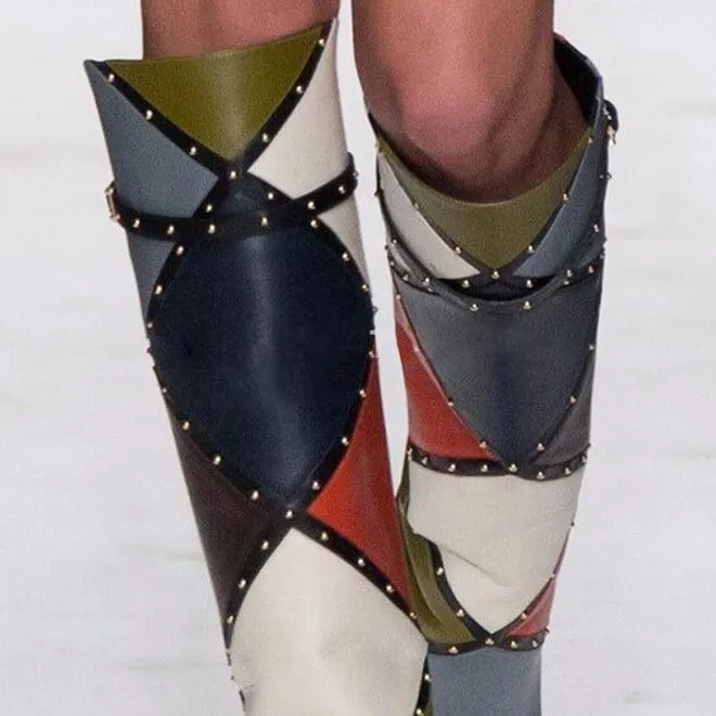 Fashion Gray Leather Color Block High Heel Knee High Boots
