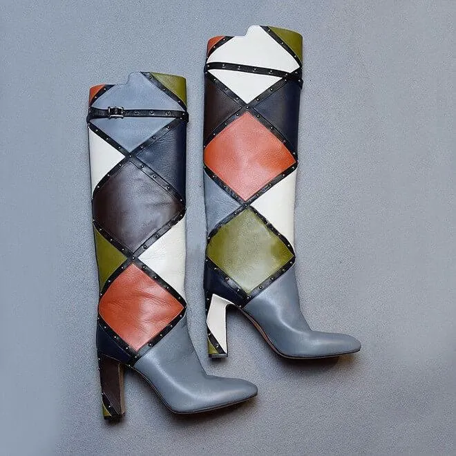 Fashion Gray Leather Color Block High Heel Knee High Boots
