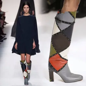 Fashion Gray Leather Color Block High Heel Knee High Boots