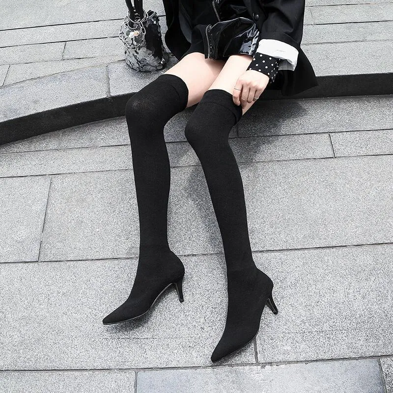 High Heel Pointed Toe Over Knee Sock Boots