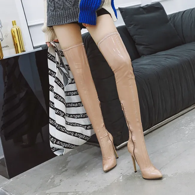 Sexy Leather Pointe Toe High Heel Thigh High Boots