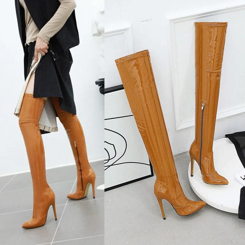 Sexy Leather Pointe Toe High Heel Thigh High Boots
