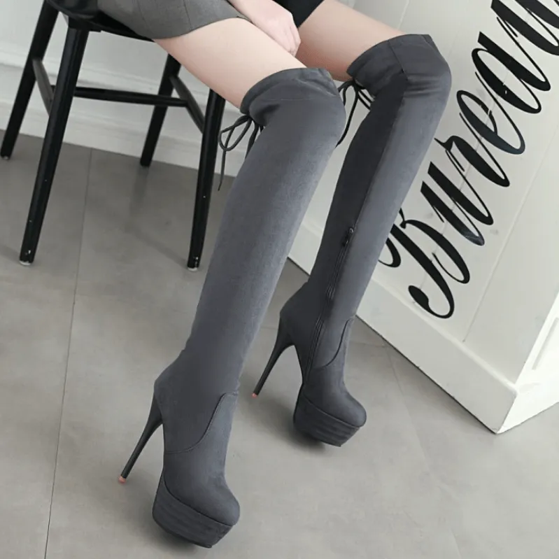 Sexy Suede Strap Platform Over Knee Boots