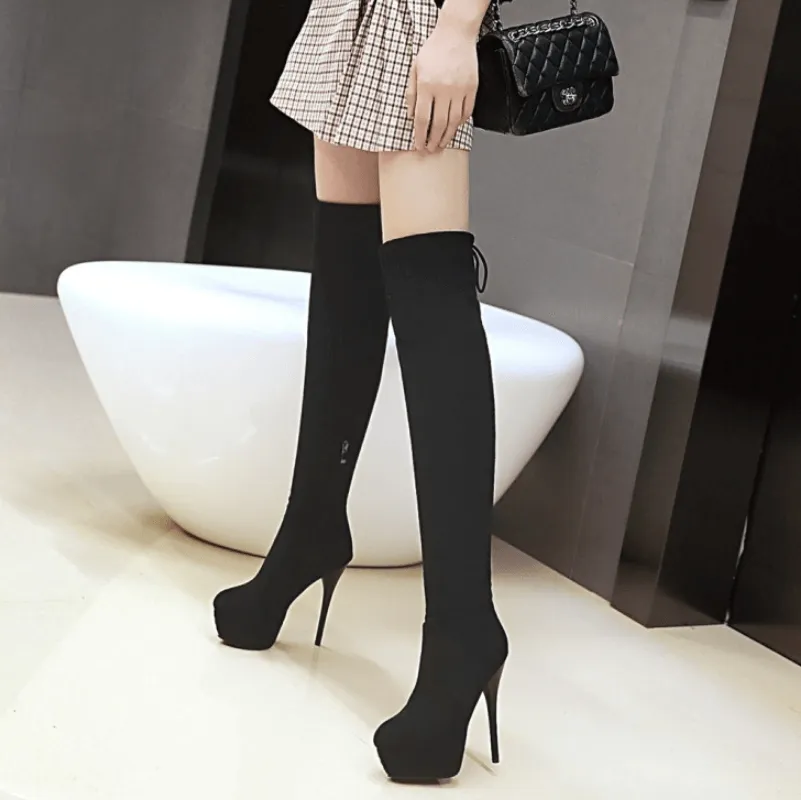 Sexy Suede Strap Platform Over Knee Boots
